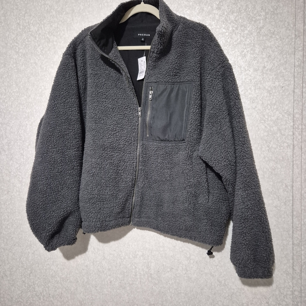 NWT PACSUN DARK GRAY UNISEX  Fleece Zip-Up Jacket...Size:S -SML - Picture 2 of 13